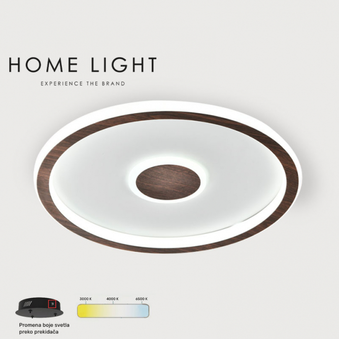 Vesta 523 - LED plafonjera u boji tamnog drveta, snage 40W, kružnog oblika i modernog dizajna sa prekidačem putem koga birate i menjate boju osvetljenja između tri boje svetla.