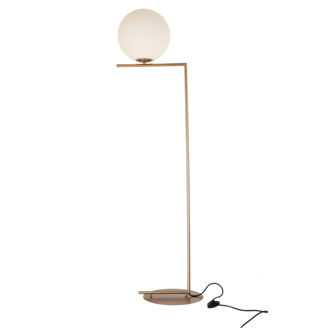 Podna lampa elegantnog izlgeda i dizajna sa jednim sijaličnim grlom E27, unutar staklenog abažura u beloj boji.