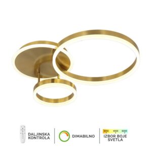 LED plafonska lampa Forma F2047-66C SG koja dolazi u boji zlata, doprinosi modernom izgledu vaših prostorija. Jačina od 66W sa integrisanim LED svetlom omogućiće vam dugotrajno i elegantno osvetljenje.Takođe poseduje daljinski upravljač za odabir boje svetla u rasponu od 3000K do 6400K kao i dimovaje,sto omogućava da podesite jačinu svetla vašim potrebama.Zbog svojih dimenzija od Ø220xØ400mm ova lampa je idealna za osvetljenje trpezarije, spavaće ili dnevne sobe.