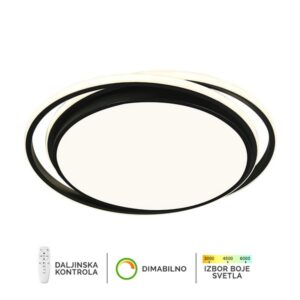 LED plafonska lampa Forma F2821-55C BK koja dolazi u crnoj boji doprinosi modernom izgledu vaših prostorija. Jačina od 55W sa integrisanim LED svetlom omogućiće vam dugotrajno i elegantno osvetljenje.Takođe poseduje daljinski upravljač za odabir boje svetla u rasponu od 3000K do 6400K kao i dimovaje,sto omogućava da podesite jačinu svetla vašim potrebama.Zbog svojih dimenzija od 60xØ510mm ova lampa je idealna za osvetljenje trpezarije, spavaće ili dnevne sobe.