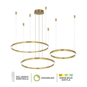 LED plafonska lampa Forma F2047-130C SG koja dolazi u boji zlata, doprinosi modernom izgledu vaših prostorija. Jačina od 130W sa integrisanim LED svetlom omogućiće vam dugotrajno i elegantno osvetljenje.Takođe poseduje daljinski upravljač za odabir boje svetla u rasponu od 3000K do 6400K kao i dimovaje,sto omogućava da podesite jačinu svetla vašim potrebama.Zbog svojih dimenzija od 1200xØ400xØ600xØ800mm ova lampa je idealna za osvetljenje trpezarije, spavaće ili dnevne sobe.