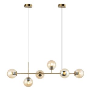 Visilica Forma F7031-6V BZ-CL sa šest E27 grla unosi savremen, topao i profinjen stil u svaki enterijer. Izrađena je od čvrstog metala u elegantnoj bronzanoj boji, dok su staklene kugle u nežnoj amber nijansi, koje daju prijatnu i ambijentalnu svetlost. Dizajn je moderan i luksuzan, sa pažljivo oblikovanim detaljima koji ostavljaju utisak sofisticiranosti i dobrog ukusa.Zahvaljujući svom izrazito elegantnom vertikalnom rasporedu, skladnim bojama i originalnoj formi, ova visilica se lako uklapa u različite stilove uređenja – od modernog i minimalističkog, do glamuroznog i klasičnog enterijera. Dimenzije 1210 × 1000 mm čine je idealnim izborom za trpezarije, dnevne i spavaće sobe, ali i za veće hodnike ili prostorije u kojima želite da naglasite visinu i prostranost.
