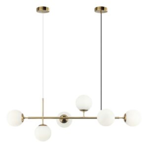 Visilica Forma F7031-6V BZ-WH sa šest E27 grla unosi savremen, topao i profinjen stil u svaki enterijer. Izrađena je od čvrstog metala u elegantnoj bronzanoj boji, dok su staklene kugle u nežnoj beloj boji, koje daju prijatnu i ambijentalnu svetlost. Dizajn je moderan i luksuzan, sa pažljivo oblikovanim detaljima koji ostavljaju utisak sofisticiranosti i dobrog ukusa.Zahvaljujući svom izrazito elegantnom vertikalnom rasporedu, skladnim bojama i originalnoj formi, ova visilica se lako uklapa u različite stilove uređenja – od modernog i minimalističkog, do glamuroznog i klasičnog enterijera. Dimenzije 1210 × 1000 mm čine je idealnim izborom za trpezarije, dnevne i spavaće sobe, ali i za veće hodnike ili prostorije u kojima želite da naglasite visinu i prostranost.