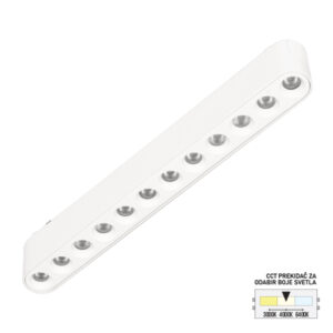 LED magnetna svetiljka Forma FMS2001-12 WH predstavlja moderno i funkcionalno rešenje za osvetljenje, namenjeno montaži na magnetnu ultra slim šinu. Zahvaljujući izduženom i tankom kućištu dimenzija 235x30x25mm, izrađenom od aluminijuma i plastike u elegantnoj beloj boji, svetiljka se neupadljivo uklapa u svaki savremen enterijer, zadržavajući čist i minimalan estetski utisak. Opremljena je integrisanim LED svetlom jačine 12W, sa ravnomerno raspoređenim diodama koje obezbeđuju prijatno i ujednačeno osvetljenje. CCT prekidač omogućava izbor boje svetla – 3000K, 4000K ili 6400K, u zavisnosti od željenog ambijenta. Ultra slim šina, uz tanak dizajn svetiljke, doprinosi elegantnom i diskretnom izgledu prostora, čineći rasvetu gotovo neprimetnom dok u potpunosti zadovoljava sve funkcionalne potrebe.
