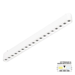 LED magnetna svetiljka Forma FMS2001-18 WH predstavlja moderno i funkcionalno rešenje za osvetljenje, namenjeno montaži na magnetnu ultra slim šinu. Zahvaljujući izduženom i tankom kućištu dimenzija 352x30x25mm, izrađenom od aluminijuma i plastike u elegantnoj beloj boji, svetiljka se neupadljivo uklapa u svaki savremen enterijer, zadržavajući čist i minimalan estetski utisak. Opremljena je integrisanim LED svetlom jačine 18W, sa ravnomerno raspoređenim diodama koje obezbeđuju prijatno i ujednačeno osvetljenje. CCT prekidač omogućava izbor boje svetla – 3000K, 4000K ili 6400K, u zavisnosti od željenog ambijenta. Ultra slim šina, uz tanak dizajn svetiljke, doprinosi elegantnom i diskretnom izgledu prostora, čineći rasvetu gotovo neprimetnom dok u potpunosti zadovoljava sve funkcionalne potrebe.