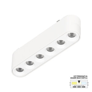 LED magnetna svetiljka Forma FMS2001-6 WH predstavlja moderno i funkcionalno rešenje za osvetljenje, namenjeno montaži na magnetnu ultra slim šinu. Zahvaljujući izduženom i tankom kućištu dimenzija 120x30x25mm, izrađenom od aluminijuma i plastike u elegantnoj beloj boji, svetiljka se neupadljivo uklapa u svaki savremen enterijer, zadržavajući čist i minimalan estetski utisak. Opremljena je integrisanim LED svetlom jačine 6W, sa ravnomerno raspoređenim diodama koje obezbeđuju prijatno i ujednačeno osvetljenje. CCT prekidač omogućava izbor boje svetla – 3000K, 4000K ili 6400K, u zavisnosti od željenog ambijenta. Ultra slim šina, uz tanak dizajn svetiljke, doprinosi elegantnom i diskretnom izgledu prostora, čineći rasvetu gotovo neprimetnom dok u potpunosti zadovoljava sve funkcionalne potrebe.