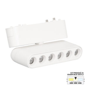 LED magnetna svetiljka Forma FMS2101-6 WH predstavlja moderno i funkcionalno rešenje za osvetljenje, namenjeno montaži na magnetnu ultra slim šinu. Zahvaljujući izduženom i tankom kućištu dimenzija 120x81x25mm, izrađenom od aluminijuma i plastike u elegantnoj beloj boji, svetiljka se neupadljivo uklapa u svaki savremen enterijer, zadržavajući čist i minimalan estetski utisak. Opremljena je integrisanim LED svetlom jačine 6W, sa ravnomerno raspoređenim diodama koje obezbeđuju prijatno i ujednačeno osvetljenje. CCT prekidač omogućava izbor boje svetla – 3000K, 4000K ili 6400K, u zavisnosti od željenog ambijenta. Zahvaljujući magnetnoj šinskoj montaži, omogućeno je lako postavljanje, pomeranje i precizno usmeravanje same svetiljke. Ultra slim šina, uz tanak dizajn svetiljke, doprinosi elegantnom i diskretnom izgledu prostora, čineći rasvetu gotovo neprimetnom dok u potpunosti zadovoljava sve funkcionalne potrebe.