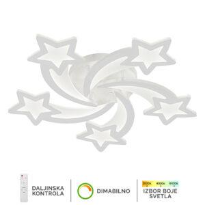 LED plafonska lampa Forma F2090-68C WH sa motivima zvezda savršen je izbor za osvetljenje sobe vašeg mališana. Zahvaljujući jačini od 68W i integrisanom LED svetlu, pruža dugotrajan, prijatan i elegantan izvor svetlosti. Poseduje mogućnost podešavanja boje svetla u rasponu od 3000K do 6400K, kao i funkciju dimovanja, korisnik može prilagoditi jačinu i ton svetlosti trenutnom raspoloženju ili potrebi. Funkcija dimovanja dostupna je putem daljinskog upravljača, što dodatno povećava udobnost i praktičnost korišćenja. Lampa je izrađena od kombinacije metala i plastike, a sa dimenzijama od 572×75 mm, savršeno će se uklopiti u svaki dečiji kutak, unoseći toplinu, vedrinu i dozu mašte u prostor.