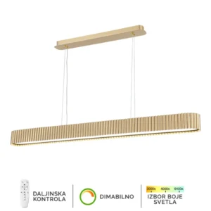 LED viseća lampa Forma F2095-100VL SG predstavlja savršen spoj modernog dizajna, luksuzne estetike i funkcionalnosti. Izrađena od visokokvalitetnog metala u sofisticiranoj zlatnoj boji, ova lampa unosi toplinu i eleganciju u svaki savremeni enterijer. Opremljena integrisanim LED izvorom svetla jačine 100W, pruža prijatno, ravnomerno i energetski efikasno osvetljenje. Zahvaljujući mogućnosti podešavanja boje svetla od 3000K do 6400K i funkciji dimovanja putem daljinskog upravljača, lako se prilagođava svakoj prilici — bilo da želite opuštajuću, toplu svetlost ili snažno, radno osvetljenje. Sa dimenzijama od 1200x100mm, lampa je idealna za trpezarije, šankove ili dnevne sobe gde dolazi do izražaja svojom profinjenom formom i suptilnim luksuzom. F2095-100VL SG nije samo izvor svetlosti, već i dekorativni element koji oplemenjuje prostor i naglašava moderan stil enterijera.