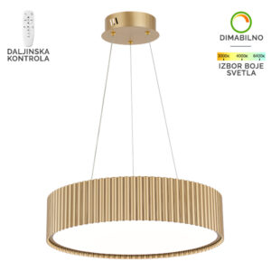 LED viseća lampa Forma F2095-67V SG predstavlja savršen spoj modernog dizajna, luksuzne estetike i funkcionalnosti. Izrađena od visokokvalitetnog metala u sofisticiranoj zlatnoj boji, ova lampa unosi toplinu i eleganciju u svaki savremeni enterijer. Opremljena integrisanim LED izvorom svetla jačine 67W, pruža prijatno, ravnomerno i energetski efikasno osvetljenje. Zahvaljujući mogućnosti podešavanja boje svetla od 3000K do 6400K i funkciji dimovanja putem daljinskog upravljača, lako se prilagođava svakoj prilici — bilo da želite opuštajuću, toplu svetlost ili snažno, radno osvetljenje. Sa dimenzijama od 1256 x 460 mm, lampa je idealna za trpezarije, dnevne ili spavaće sobe, gde dolazi do izražaja svojom profinjenom formom i suptilnim luksuzom. F2095-67V SG nije samo izvor svetlosti, već i dekorativni element koji oplemenjuje prostor i naglašava moderan stil enterijera