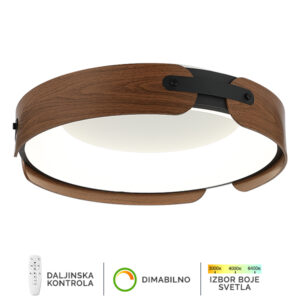 LED plafonska lampa Forma F2097-63C BK+DWD spaja savršen balans modernog dizajna i topline prirodnih materijala. Kombinacija sofisticirane crne boje i detalja u tonu tamnog drveta unosi u prostor osećaj harmonije, elegancije i prijatne topline. Ova lampa je opremljena integrisanim LED izvorom svetla jačine 63W, koji pruža ujednačeno, efikasno i prijatno osvetljenje. Pomoću daljinskog upravljača moguće je podesiti temperaturu boje svetla od 3000K do 6400K, kao i intenzitet svetlosti (dimer funkcija), čime se lako prilagođava svakom trenutku i atmosferi — od opuštajuće večeri do radnog osvetljenja. Sa dimenzijama od 110 x 470 mm, idealna je za dnevne, spavaće i radne sobe, gde postaje dominantan dekorativni i funkcionalni element. Njen minimalistički oblik i kombinacija metala i drveta čine je savršenim izborom za enterijere u modernom ili luksuzno-urbanom stilu