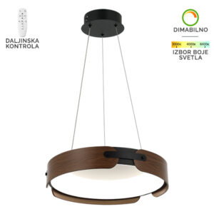 LED viseća lampa Forma F2097-75V BK+DWD spaja savršen balans modernog dizajna i topline prirodnih materijala. Kombinacija sofisticirane crne boje i detalja u tonu drveta unosi u prostor osećaj harmonije, elegancije i prijatne topline. Ova lampa je opremljena integrisanim LED izvorom svetla jačine 75W, koji pruža ujednačeno, efikasno i prijatno osvetljenje. Pomoću daljinskog upravljača moguće je podesiti temperaturu boje svetla od 3000K do 6400K, kao i intenzitet svetlosti (dimer funkcija), čime se lako prilagođava svakom trenutku i atmosferi — od opuštajuće večeri do radnog osvetljenja. Sa dimenzijama od 1146 x 570 mm, idealna je za dnevne, spavaće i radne sobe, gde postaje dominantan dekorativni i funkcionalni element. Njen minimalistički oblik i kombinacija metala i drveta čine je savršenim izborom za enterijere u modernom ili luksuzno-urbanom stilu.