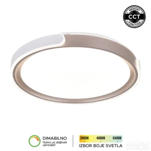 LED plafonska lampa Forma LP-407-70R BK+RG u kombinaciji crne boje i roze zlata donosi moderan izgled i visok nivo funkcionalnosti u svaki enterijer. Izrađena je od metala i akrila, što joj obezbeđuje dugotrajnost i kvalitetnu završnu obradu. Sa snagom od 70W i integrisanim LED izvorom svetla, pruža snažno, dugotrajno i energetski efikasno osvetljenje. Omogućava podešavanje temperature boje svetla u rasponu od 3000K do 6400K, kao i dimovanje, čime lako prilagođavate ambijent svojim potrebama (uz daljinski upravljač F2006RI koji se kupuje zasebno). Dodatnu praktičnost pruža CCT memory funkcija, zahvaljujući kojoj lampa pamti poslednje izabranu boju svetla prilikom uključivanja putem zidnog prekidača. Prečnika 495 mm, idealan je izbor za dnevne i spavaće sobe, kao i trpezarije, gde će se svojim sofisticiranim dizajnom lako uklopiti u različite stilove uređenja.