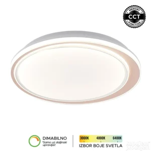 LED plafonska lampa Forma LP-422-54R PK u atraktivnoj roze boji donosi moderan izgled i visok nivo funkcionalnosti u svaki enterijer. Izrađena je od metala i akrila, što joj obezbeđuje dugotrajnost i kvalitetnu završnu obradu. Sa snagom od 54W i integrisanim LED izvorom svetla, pruža snažno, dugotrajno i energetski efikasno osvetljenje. Omogućava podešavanje temperature boje svetla u rasponu od 3000K do 6400K, kao i dimovanje, čime lako prilagođavate ambijent svojim potrebama (uz daljinski upravljač F2006RI koji se kupuje zasebno). Dodatnu praktičnost pruža CCT memory funkcija, zahvaljujući kojoj lampa pamti poslednje izabranu boju svetla prilikom uključivanja putem zidnog prekidača. Prečnika 400 mm, idealan je izbor za dnevne i spavaće sobe, kao i trpezarije, gde će se svojim sofisticiranim dizajnom lako uklopiti u različite stilove uređenja.