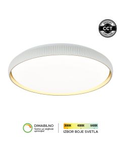 LED plafonska lampa Forma LP-424-48R SG u luksuznoj zlatnoj boji donosi moderan izgled i visok nivo funkcionalnosti u svaki enterijer. Izrađena je od metala i akrila, što joj obezbeđuje dugotrajnost i kvalitetnu završnu obradu. Sa snagom od 48W i integrisanim LED izvorom svetla, pruža snažno, dugotrajno i energetski efikasno osvetljenje. Omogućava podešavanje temperature boje svetla u rasponu od 3000K do 6400K, kao i dimovanje, čime lako prilagođavate ambijent svojim potrebama (uz daljinski upravljač F2007RI koji se kupuje zasebno). Dodatnu praktičnost pruža CCT memory funkcija, zahvaljujući kojoj lampa pamti poslednje izabranu boju svetla prilikom uključivanja putem zidnog prekidača. Prečnika 400 mm, idealan je izbor za dnevne i spavaće sobe, kao i trpezarije, gde će se svojim sofisticiranim dizajnom lako uklopiti u različite stilove uređenja.
