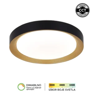 LED plafonska lampa Forma LP-405-28R BK+SG u kombinaciji crne i zlatne boje donosi moderan izgled i visok nivo funkcionalnosti u svaki enterijer. Izrađena je od metala i akrila, što joj obezbeđuje dugotrajnost i kvalitetnu završnu obradu. Sa snagom od 28W i integrisanim LED izvorom svetla, pruža snažno, dugotrajno i energetski efikasno osvetljenje. Omogućava podešavanje temperature boje svetla u rasponu od 3000K do 6400K, kao i dimovanje, čime lako prilagođavate ambijent svojim potrebama (uz daljinski upravljač F2006RI koji se kupuje zasebno). Dodatnu praktičnost pruža CCT memory funkcija, zahvaljujući kojoj lampa pamti poslednje izabranu boju svetla prilikom uključivanja putem zidnog prekidača. Prečnika 265 mm, idealan je izbor za dnevne i spavaće sobe, kao i trpezarije, gde će se svojim sofisticiranim dizajnom lako uklopiti u različite stilove uređenja.