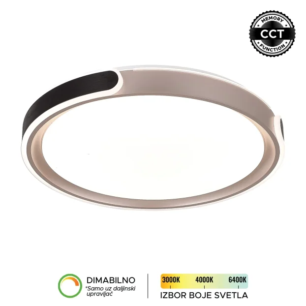 LED plafonska lampa Forma LP-407-70R BK+RG u kombinaciji crne boje i roze zlata donosi moderan izgled i visok nivo funkcionalnosti u svaki enterijer. Izrađena je od metala i akrila, što joj obezbeđuje dugotrajnost i kvalitetnu završnu obradu. Sa snagom od 70W i integrisanim LED izvorom svetla, pruža snažno, dugotrajno i energetski efikasno osvetljenje. Omogućava podešavanje temperature boje svetla u rasponu od 3000K do 6400K, kao i dimovanje, čime lako prilagođavate ambijent svojim potrebama (uz daljinski upravljač F2006RI koji se kupuje zasebno). Dodatnu praktičnost pruža CCT memory funkcija, zahvaljujući kojoj lampa pamti poslednje izabranu boju svetla prilikom uključivanja putem zidnog prekidača. Prečnika 495 mm, idealan je izbor za dnevne i spavaće sobe, kao i trpezarije, gde će se svojim sofisticiranim dizajnom lako uklopiti u različite stilove uređenja.