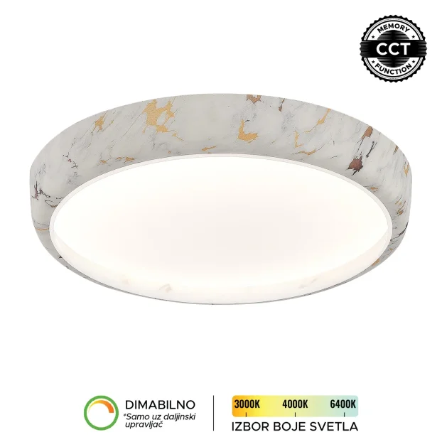 LED plafonska lampa Forma LP-410-54R MRB u elegantnoj mermerno crnoj nijansi donosi moderan izgled i visok nivo funkcionalnosti u svaki enterijer. Izrađena je od metala i akrila, što joj obezbeđuje dugotrajnost i kvalitetnu završnu obradu. Sa snagom od 54W i integrisanim LED izvorom svetla, pruža snažno, dugotrajno i energetski efikasno osvetljenje. Omogućava podešavanje temperature boje svetla u rasponu od 3000K do 6400K, kao i dimovanje, čime lako prilagođavate ambijent svojim potrebama (uz daljinski upravljač F2006RI koji se kupuje zasebno). Dodatnu praktičnost pruža CCT memory funkcija, zahvaljujući kojoj lampa pamti poslednje izabranu boju svetla prilikom uključivanja putem zidnog prekidača. Prečnika 410 mm, idealan je izbor za dnevne i spavaće sobe, kao i trpezarije, gde će se svojim sofisticiranim dizajnom lako uklopiti u različite stilove uređenja.