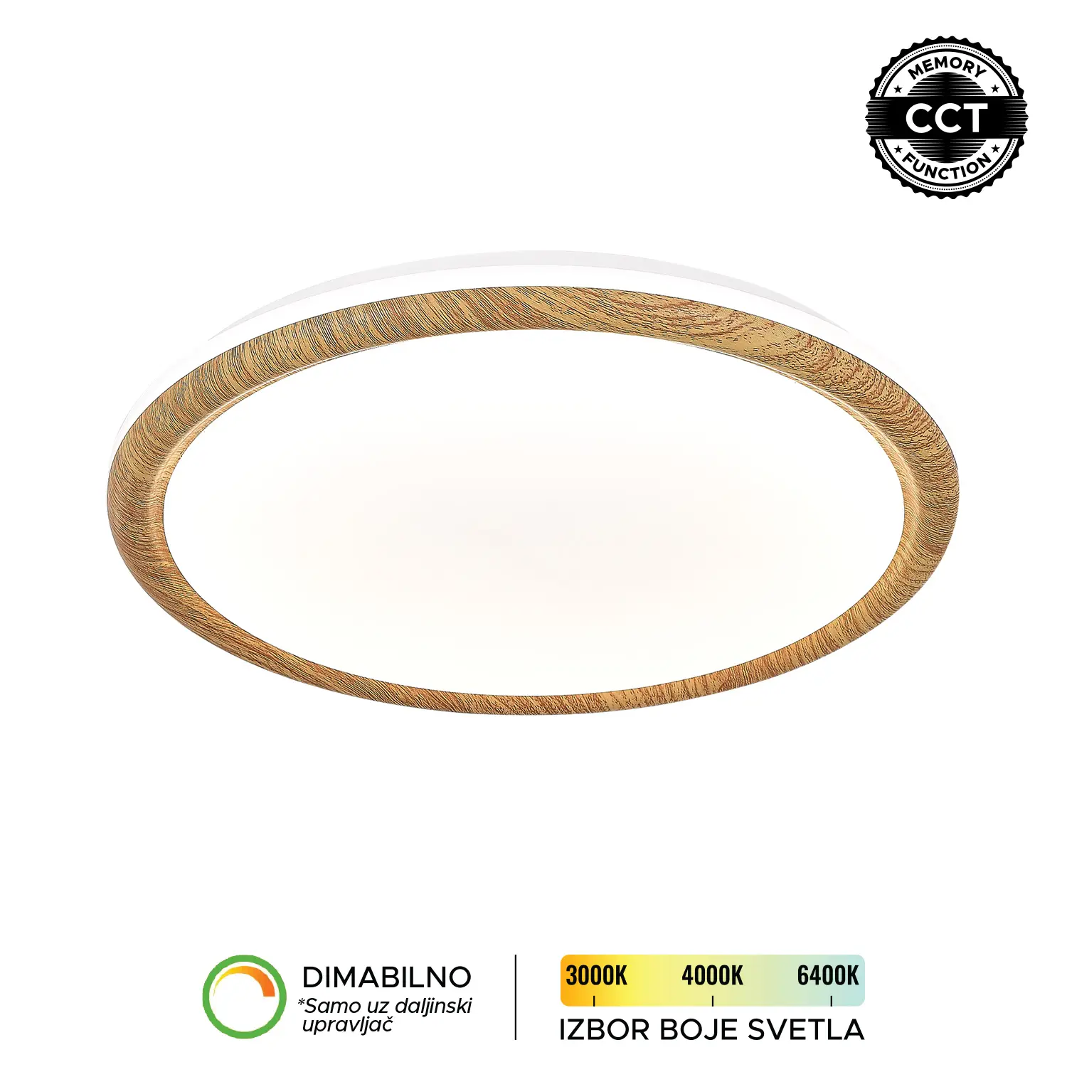 LED plafonska lampa Forma LP-406-36R WD u nijansi drveta donosi moderan izgled i visok nivo funkcionalnosti u svaki enterijer. Izrađena je od metala i akrila, što joj obezbeđuje dugotrajnost i kvalitetnu završnu obradu. Sa snagom od 36W i integrisanim LED izvorom svetla, pruža snažno, dugotrajno i energetski efikasno osvetljenje. Omogućava podešavanje temperature boje svetla u rasponu od 3000K do 6400K, kao i dimovanje, čime lako prilagođavate ambijent svojim potrebama (uz daljinski upravljač F2006RI koji se kupuje zasebno). Dodatnu praktičnost pruža CCT memory funkcija, zahvaljujući kojoj lampa pamti poslednje izabranu boju svetla prilikom uključivanja putem zidnog prekidača. Prečnika 335 mm, idealan je izbor za dnevne i spavaće sobe, kao i trpezarije, gde će se svojim sofisticiranim dizajnom lako uklopiti u različite stilove uređenja.