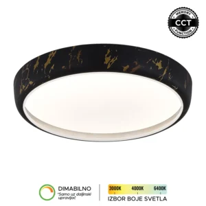 LED plafonska lampa Forma LP-410-54R MRB u elegantnoj mermerno crnoj nijansi donosi moderan izgled i visok nivo funkcionalnosti u svaki enterijer. Izrađena je od metala i akrila, što joj obezbeđuje dugotrajnost i kvalitetnu završnu obradu. Sa snagom od 54W i integrisanim LED izvorom svetla, pruža snažno, dugotrajno i energetski efikasno osvetljenje. Omogućava podešavanje temperature boje svetla u rasponu od 3000K do 6400K, kao i dimovanje, čime lako prilagođavate ambijent svojim potrebama (uz daljinski upravljač F2006RI koji se kupuje zasebno). Dodatnu praktičnost pruža CCT memory funkcija, zahvaljujući kojoj lampa pamti poslednje izabranu boju svetla prilikom uključivanja putem zidnog prekidača. Prečnika 410 mm, idealan je izbor za dnevne i spavaće sobe, kao i trpezarije, gde će se svojim sofisticiranim dizajnom lako uklopiti u različite stilove uređenja.